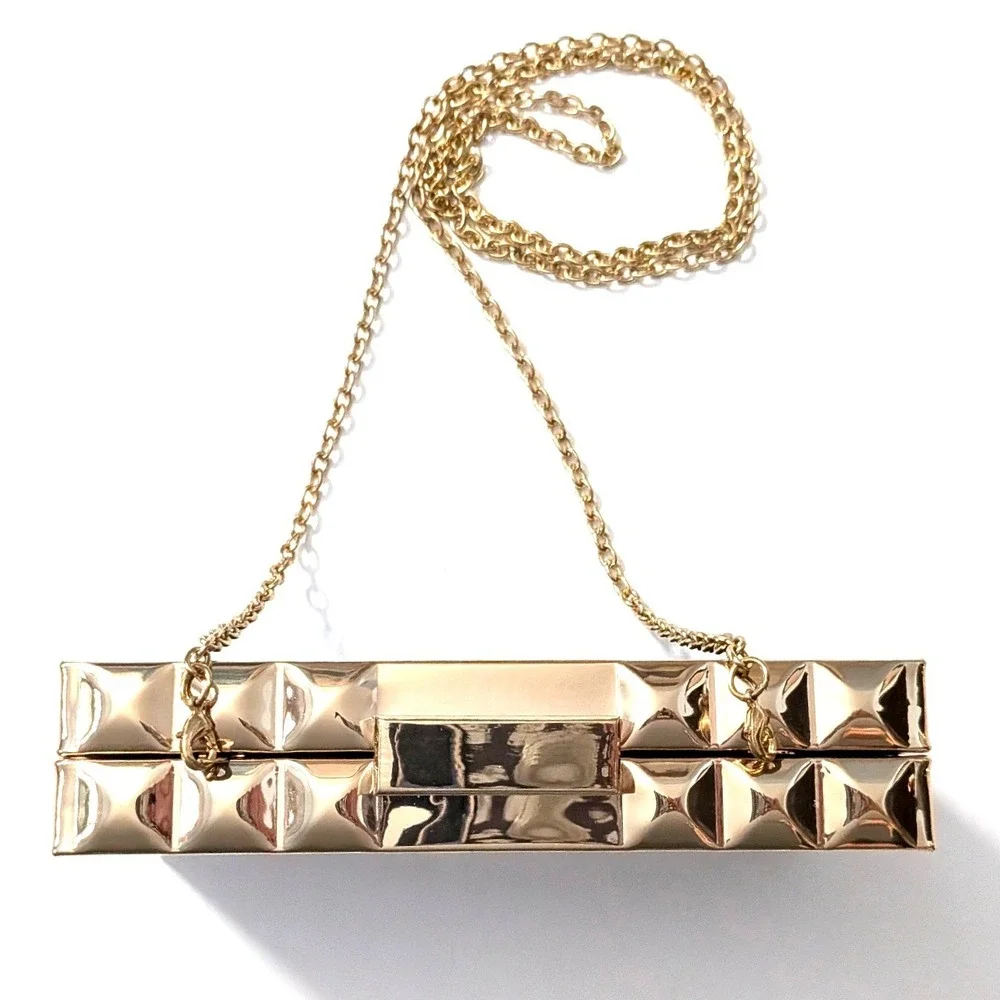 Kate Landry Gold Studded Box Clutch Black Convertible‎ Crossbody Removable Chain